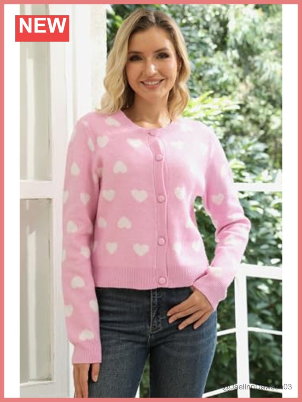 Women's Heart Cardigan Cropped Button Down Crewneck Long Sleeve Knit Sweater - Picture 2 of 6